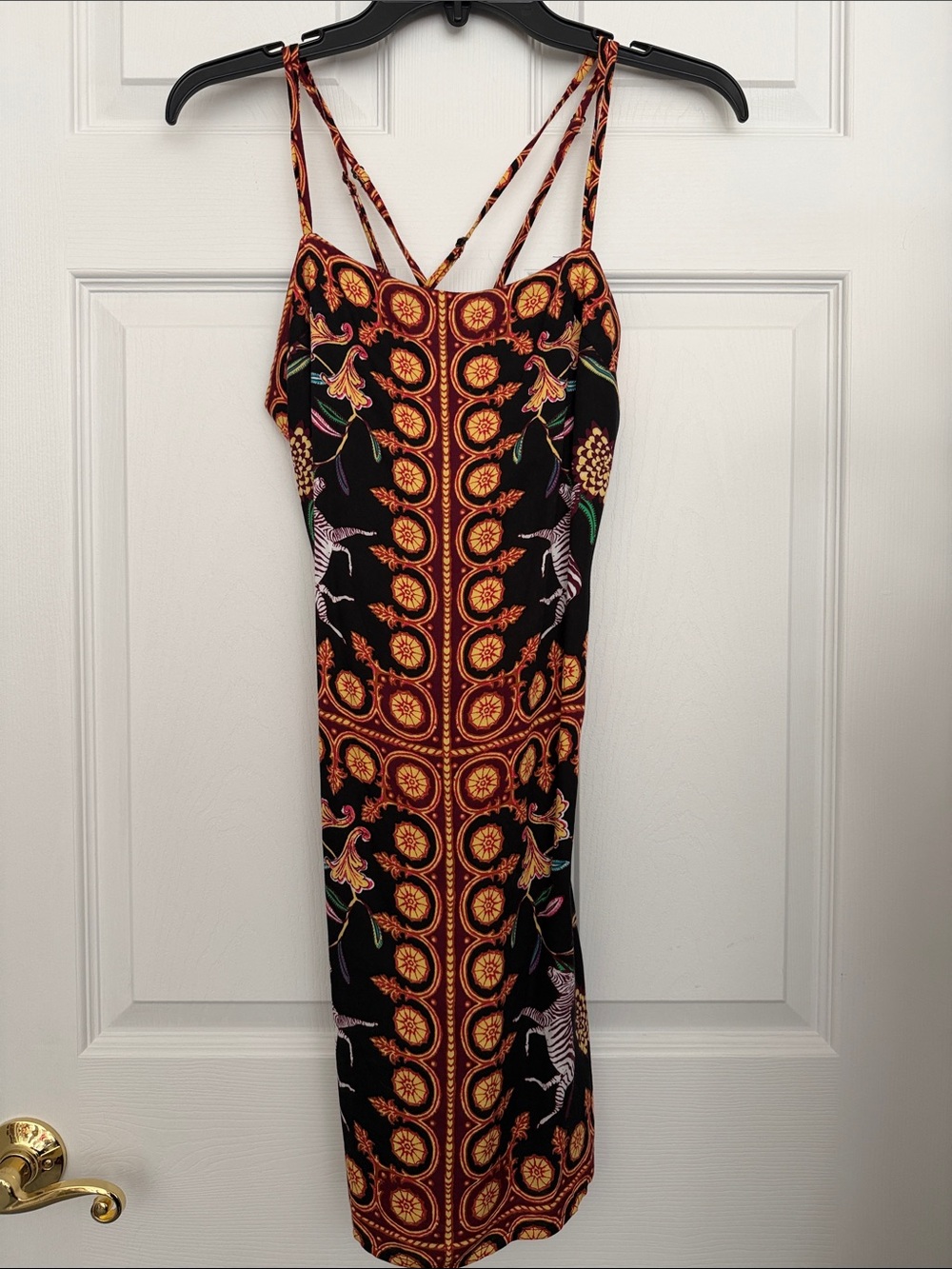 Ecote Black Midi Dress with Gold & Multicolor Medallion Print
